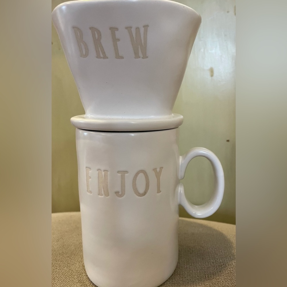 Rae Dunn Pour Over Drip Coffee Set “BREW” “ENJOY” Creamy White 2 Side Design Set